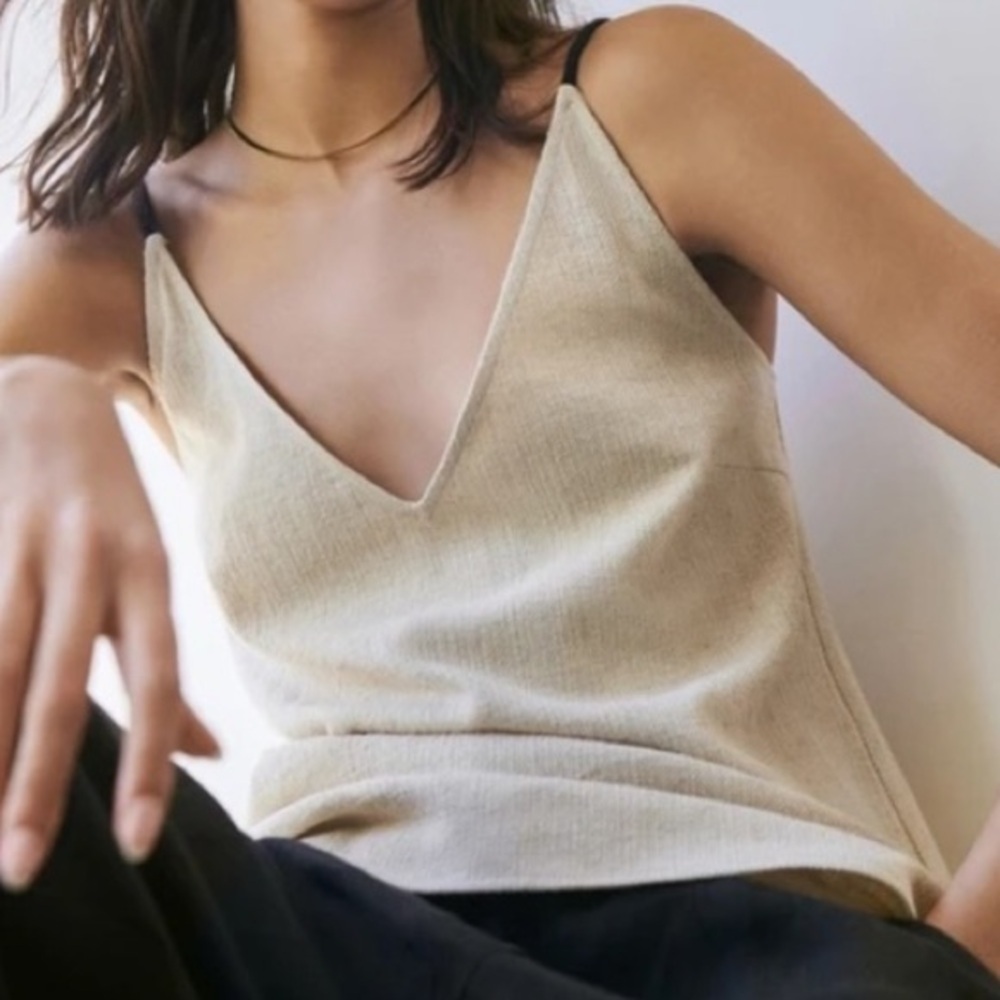 Matin Double Layer V Neck Singlet Ivory Black Top Size 8